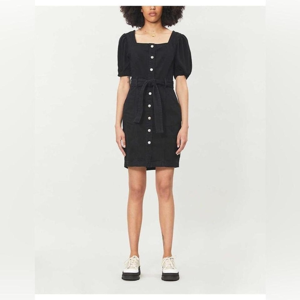 Topshop Black Denim Button Front Mini Dress Puff Sleeve Square Neck Size 0